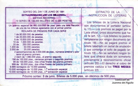 Reverso décimo de Lotería 1991 / 22