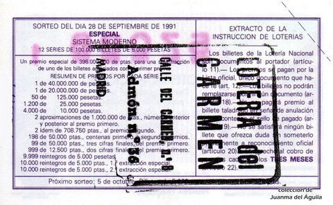 Reverso del décimo de Lotería Nacional de 1991 Sorteo 48