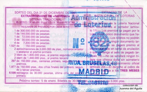 Reverso del décimo de Lotería Nacional de 1991 Sorteo 72