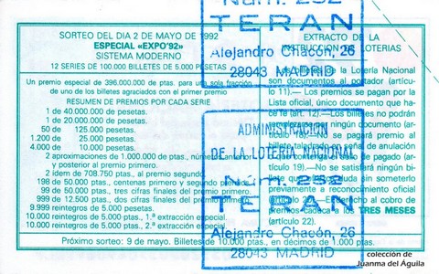 Reverso del décimo de Lotería Nacional de 1992 Sorteo 35