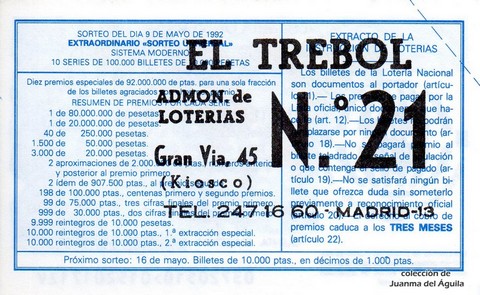 Reverso del décimo de Lotería Nacional de 1992 Sorteo 37