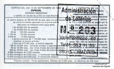 Reverso décimo de Lotería 1992 / 73