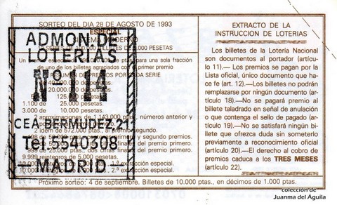 Reverso décimo de Lotería 1993 / 70