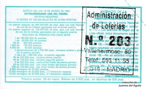 Reverso décimo de Lotería 1994 / 23