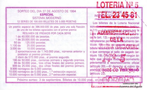 Reverso del décimo de Lotería Nacional de 1994 Sorteo 69