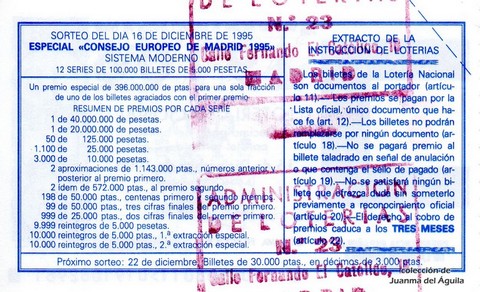 Reverso del décimo de Lotería Nacional de 1995 Sorteo 100