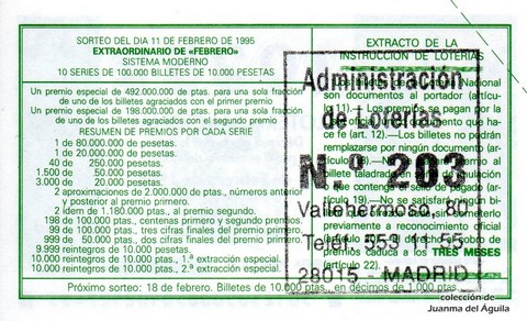 Reverso del décimo de Lotería Nacional de 1995 Sorteo 12