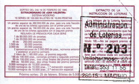 Reverso del décimo de Lotería Nacional de 1995 Sorteo 14