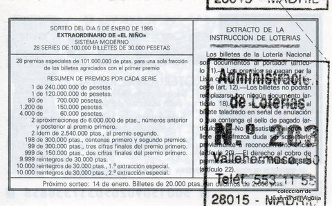Reverso del décimo de Lotería Nacional de 1995 Sorteo 1