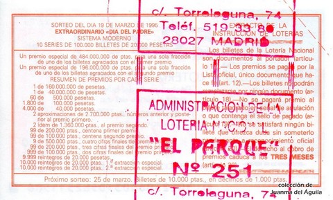 Reverso del décimo de Lotería Nacional de 1995 Sorteo 22