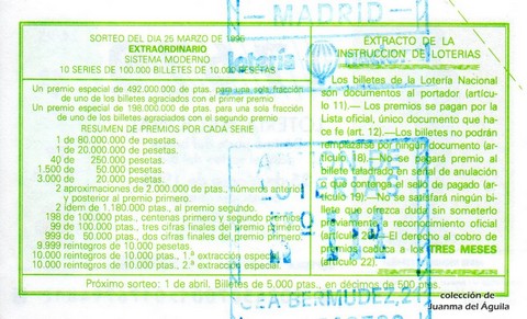 Reverso del décimo de Lotería Nacional de 1995 Sorteo 24