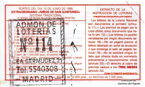 Reverso del décimo de Lotería Nacional de 1995 Sorteo 46