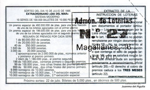 Reverso del décimo de Lotería Nacional de 1995 Sorteo 56