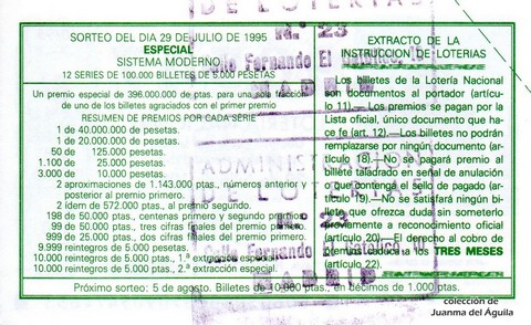 Reverso del décimo de Lotería Nacional de 1995 Sorteo 60