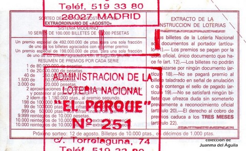 Reverso del décimo de Lotería Nacional de 1995 Sorteo 62