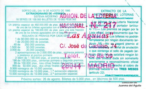 Reverso del décimo de Lotería Nacional de 1995 Sorteo 66