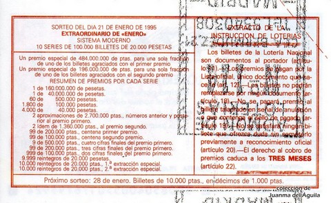Reverso del décimo de Lotería Nacional de 1995 Sorteo 6