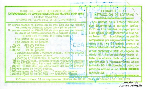 Reverso del décimo de Lotería Nacional de 1995 Sorteo 72