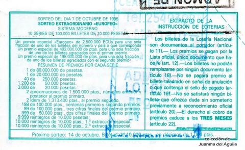 Reverso del décimo de Lotería Nacional de 1995 Sorteo 80