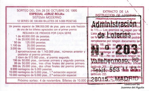 Reverso del décimo de Lotería Nacional de 1995 Sorteo 86