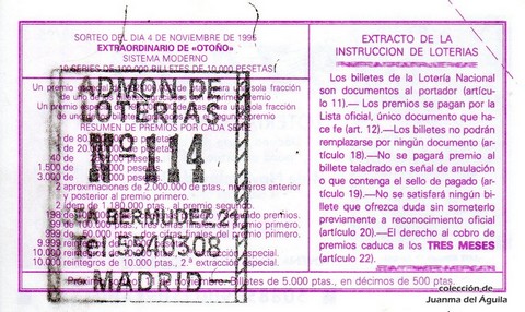 Reverso del décimo de Lotería Nacional de 1995 Sorteo 88