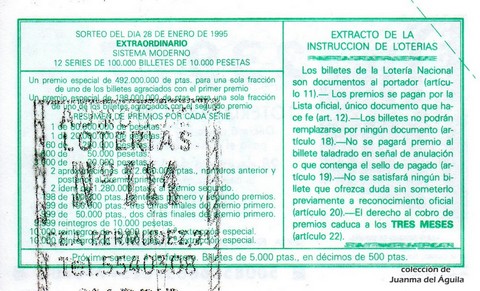 Reverso del décimo de Lotería Nacional de 1995 Sorteo 8
