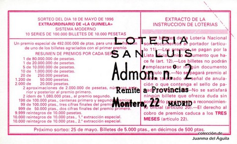 Reverso décimo de Lotería 1996 / 40