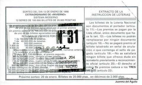Reverso del décimo de Lotería Nacional de 1996 Sorteo 4