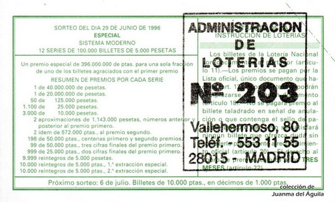 Reverso décimo de Lotería 1996 / 52