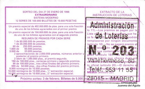 Reverso del décimo de Lotería Nacional de 1996 Sorteo 8