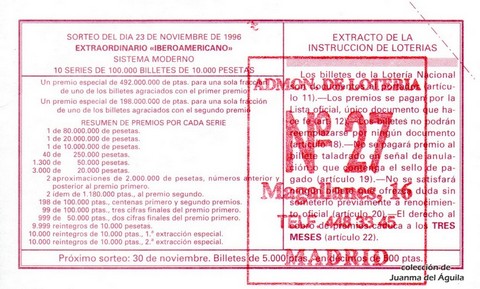 Reverso del décimo de Lotería Nacional de 1996 Sorteo 94