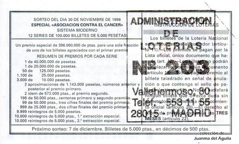 Reverso del décimo de Lotería Nacional de 1996 Sorteo 96