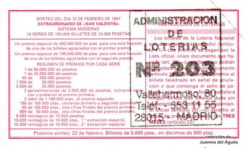 Reverso del décimo de Lotería Nacional de 1997 Sorteo 14