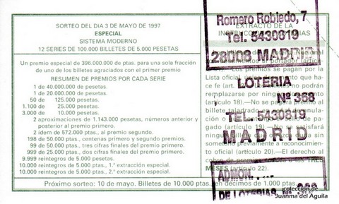 Reverso del décimo de Lotería Nacional de 1997 Sorteo 36