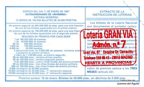 Reverso del décimo de Lotería Nacional de 1997 Sorteo 4