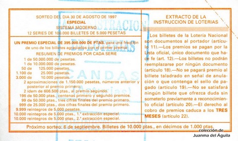 Reverso del décimo de Lotería Nacional de 1997 Sorteo 70