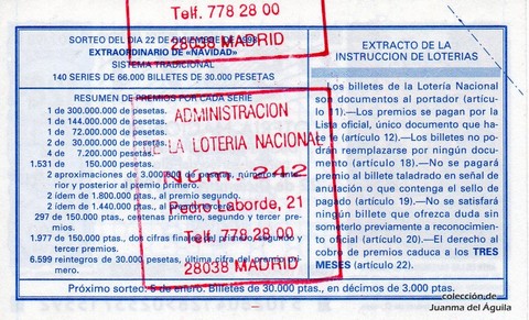 Reverso del décimo de Lotería Nacional de 1998 Sorteo 102