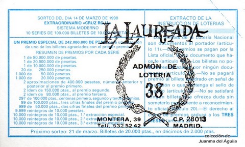 Reverso del décimo de Lotería Nacional de 1998 Sorteo 22