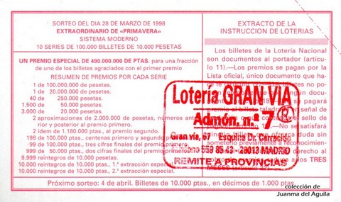 Reverso del décimo de Lotería Nacional de 1998 Sorteo 26