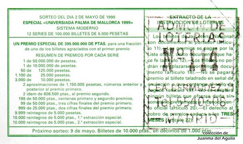 Reverso del décimo de Lotería Nacional de 1998 Sorteo 36
