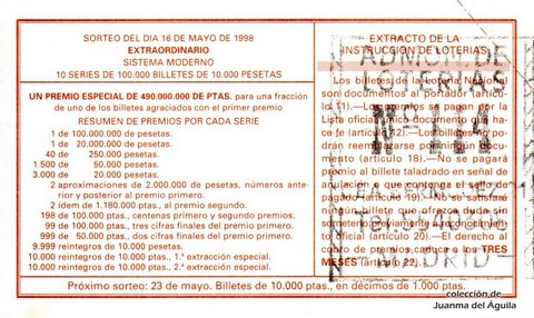 Reverso del décimo de Lotería Nacional de 1998 Sorteo 40