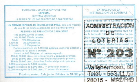 Reverso décimo de Lotería 1998 / 44