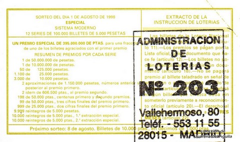 Reverso décimo de Lotería 1998 / 62