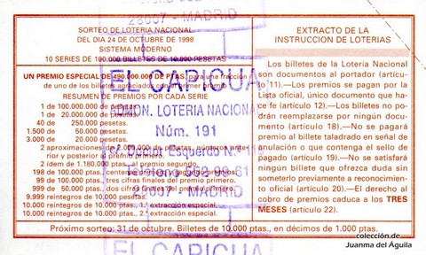 Reverso del décimo de Lotería Nacional de 1998 Sorteo 86