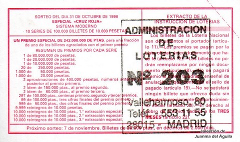 Reverso décimo de Lotería 1998 / 88