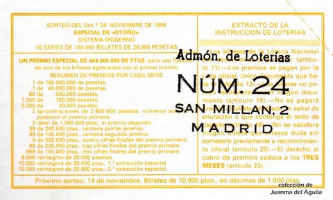 Reverso décimo de Lotería 1998 / 90