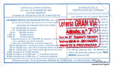 Reverso décimo de Lotería 1998 / 98