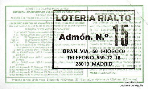 Reverso décimo de Lotería 1999 / 41