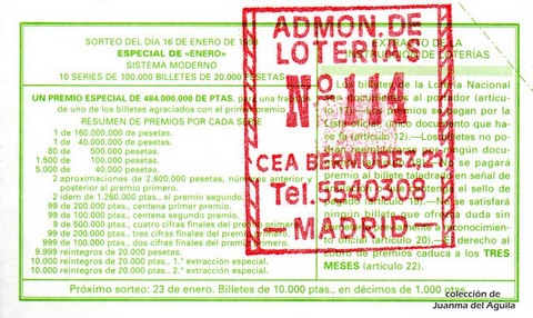 Reverso del décimo de Lotería Nacional de 1999 Sorteo 5
