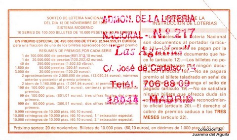 Reverso décimo de Lotería 1999 / 91